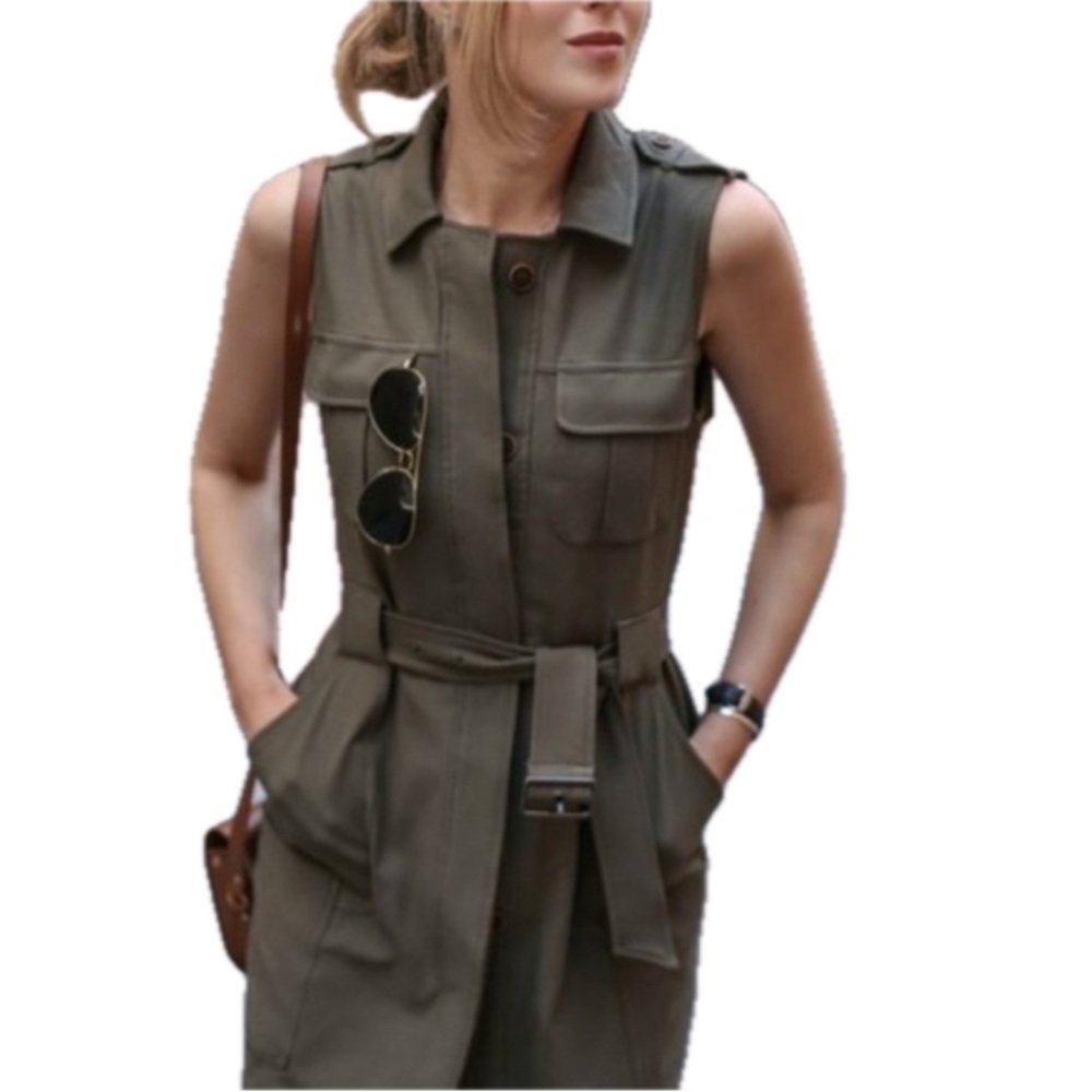CHELSEA 28 Olivia Palermo Twill Military Vest Dress Small Olive Green NWOT